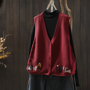 背心 红色彩扣V领棉线洋气漂亮叠穿无袖 针织马甲开衫 女2026春新款