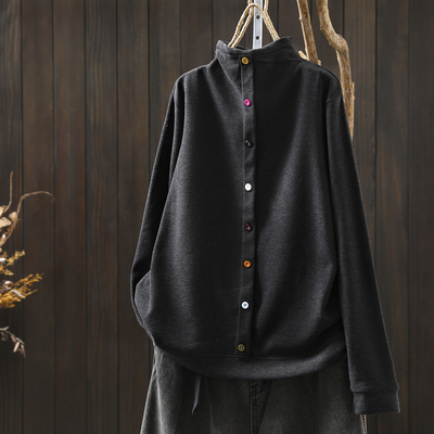 早秋巨好看的t恤女2025新款德绒半高领纽扣装饰洋气百搭打底绒衫