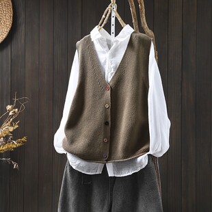 针织开衫 复古彩色扣V领百搭休闲无袖 上衣 外穿马甲女2026新款 春装