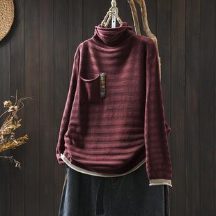 复古贴布半高领棉线毛衣女宽松显瘦冬季 民族风套头打底线衣 新款