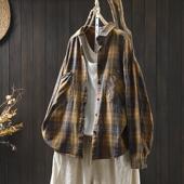 新款 女士宽松2026春装 复古翻领外搭上衣衬衣外套 格子衬衫 纯棉长袖