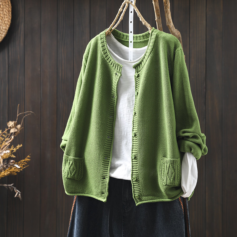 毛衣开衫外套女2026秋新款绿色棉线针织双口袋简约洋气百搭针织衫