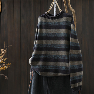 条纹毛衣秋冬女款 棉线针织宽松复古内搭慵懒松弛感毛线衣 2025新款