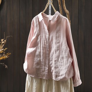 开春小众穿搭衬衣女款2026新款爆款蕾丝拼接纯棉长袖纯棉粉色衬衫
