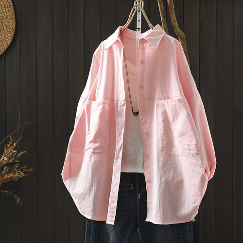 2026独特超好看衬衫女春新款粉色纯棉大码洋气设计感口袋宽松衬衣