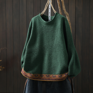 复古独特提花正流行慵懒圆领针织衫 绿色毛衣松弛感女款 2026冬新款