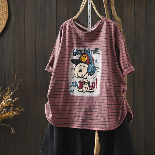 女士超好看短袖2026夏日新款超火流行的条纹小狗印花小众洋气T恤