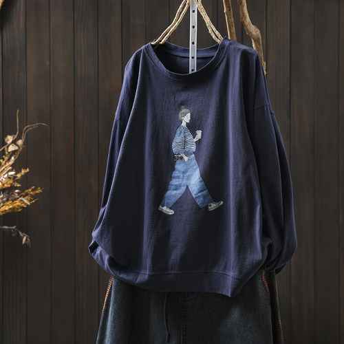 绝美巨好看的小上衣女2026春新款女孩印花大码宽松百搭长袖t恤衫