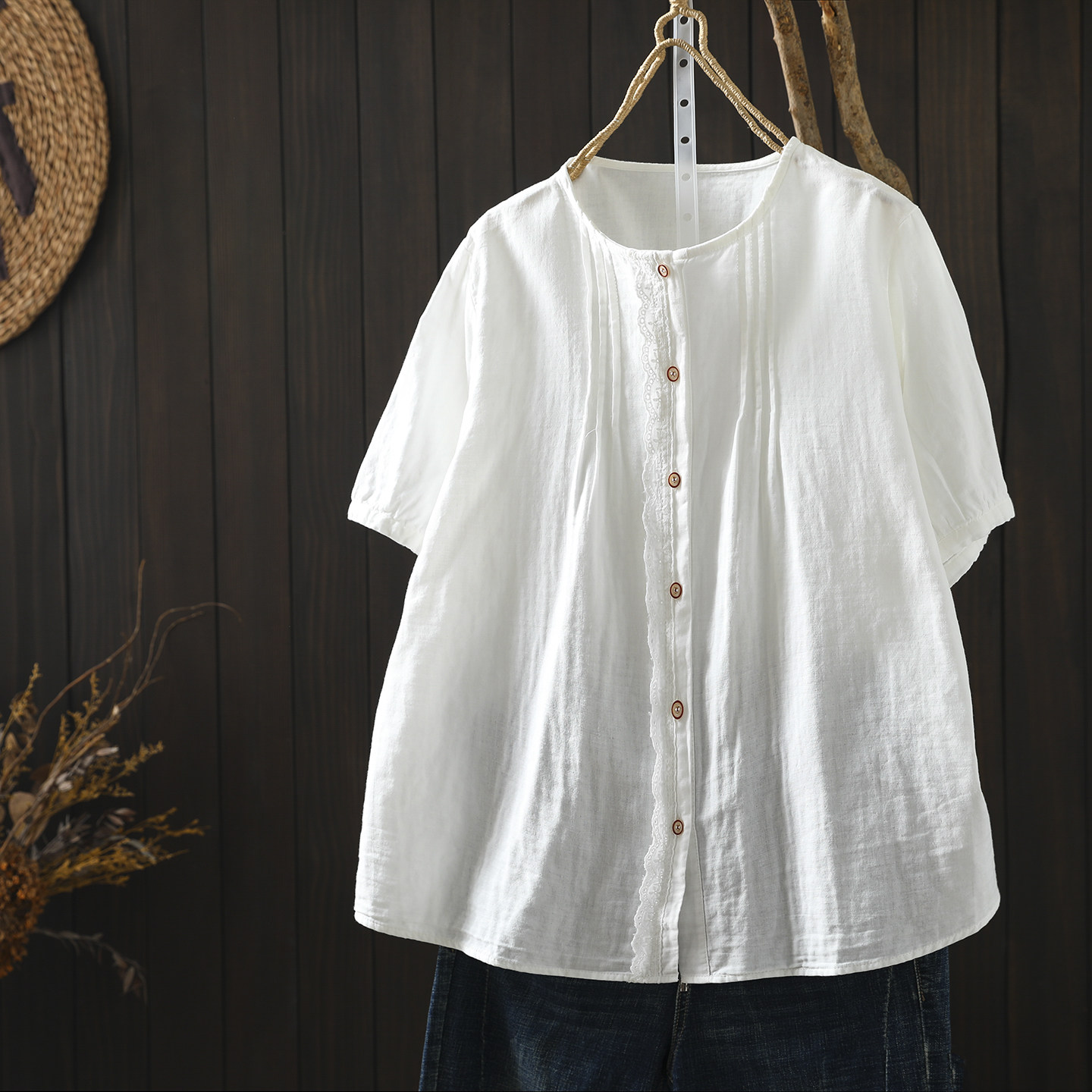 白色纯棉衬衫女2026新款夏季风琴褶皱花边小个子双层纱温柔风短袖