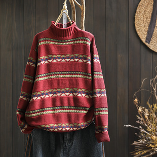 复古提花半高领棉线毛衣女宽松显瘦保暖秋装 休闲套头打底针织线衣