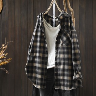 格子衬衫女款2026新款初春季磨毛连帽巨好看时尚慵懒显瘦衬衣外套