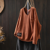 小鱼贴布V领棉线针织毛衣女宽松长袖 遮肉上衣 秋文艺休闲百搭大版