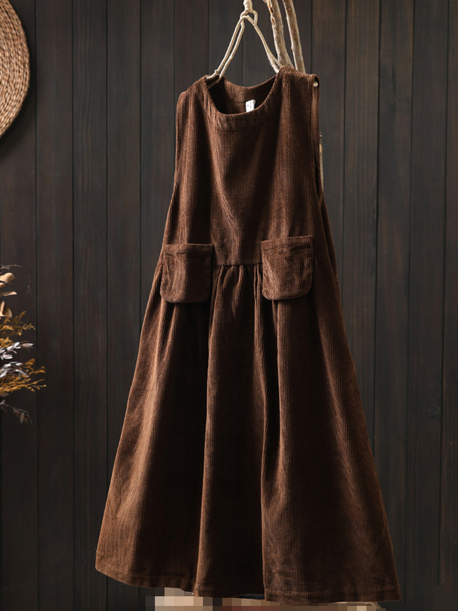 双口袋灯芯绒背心连衣裙女宽松中长款秋冬复古气质大摆条绒长裙