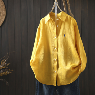 黄色衬衫女高级感轻奢减龄洋气2026春季新款苎麻别致刺绣宽松衬衣