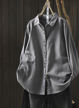 春装女款2026新款磨毛衬衫灰色纯棉休闲宽松单穿打底长袖翻领衬衣
