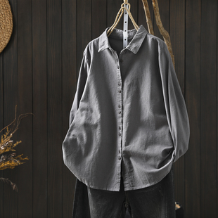 春装女款2026新款磨毛衬衫灰色纯棉休闲宽松单穿打底长袖翻领衬衣