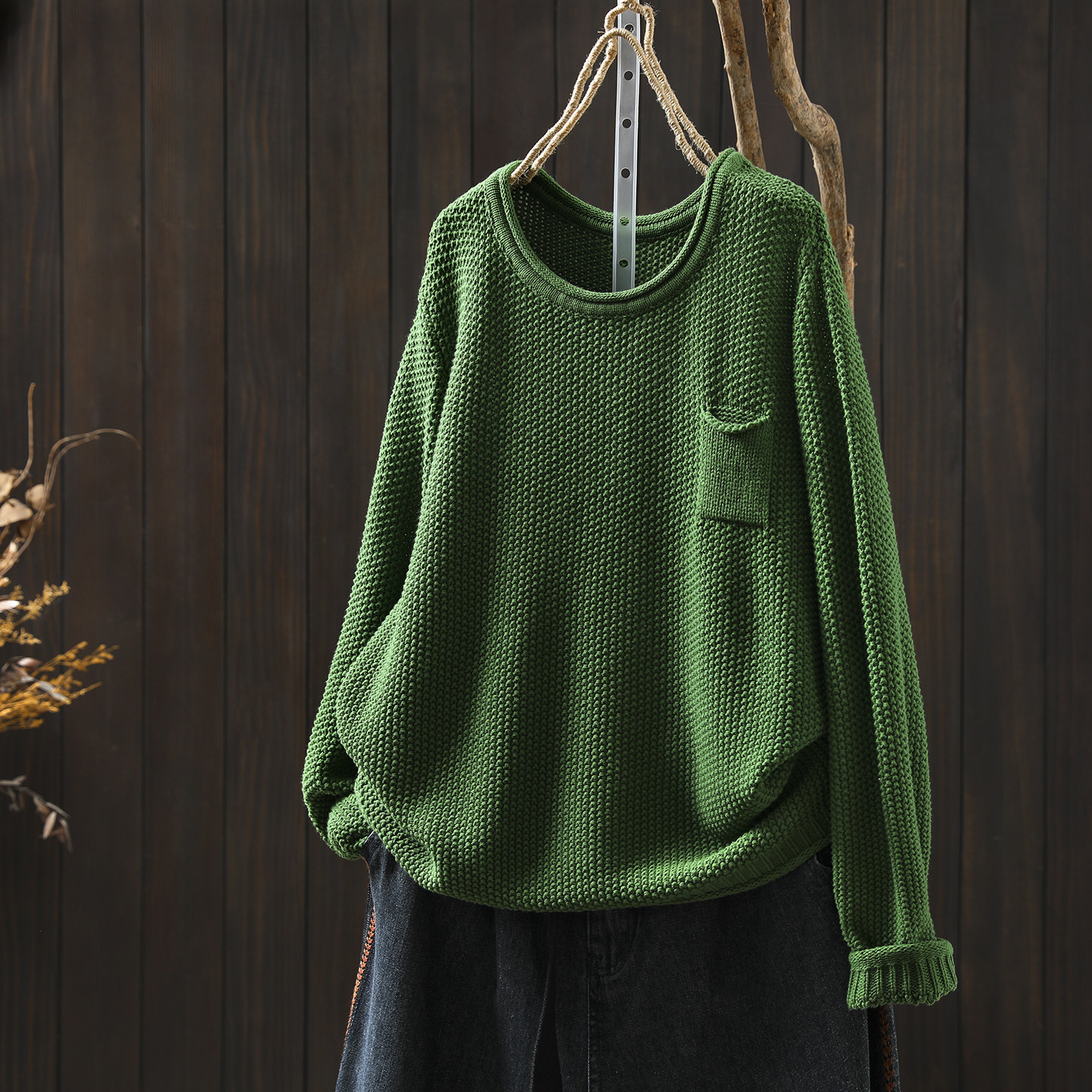 女士针织衫2026新款春装季绿色棉线针织宽松百搭圆领长袖套头上衣