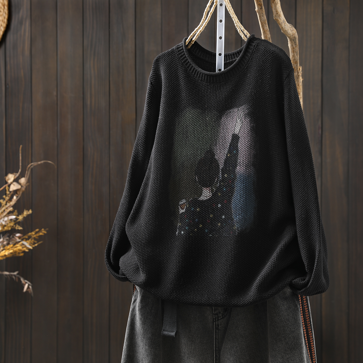 黑色毛衣女款2025秋冬新款棉线针织百搭宽松显瘦内搭设计感针织衫