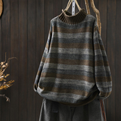 毛衣女秋冬季 高级感2025新款 棉线针织半高领条纹复古松弛感毛线衣