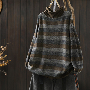 毛衣女秋冬季 棉线针织半高领条纹复古松弛感毛线衣 高级感2025新款