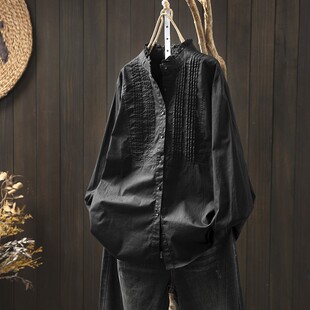 新款 2025秋季 宽松显瘦简约衬衣 女长袖 黑色木耳领风琴褶皱纯棉衬衫