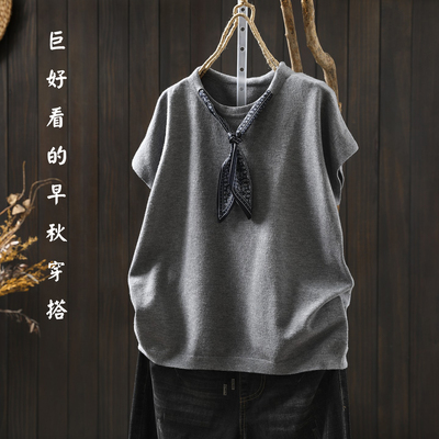 巨好看的早秋穿搭2025新款丝巾领打底无袖套头针织衫短袖轻熟上衣