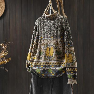 花色棉线毛衣宽松复古半高领