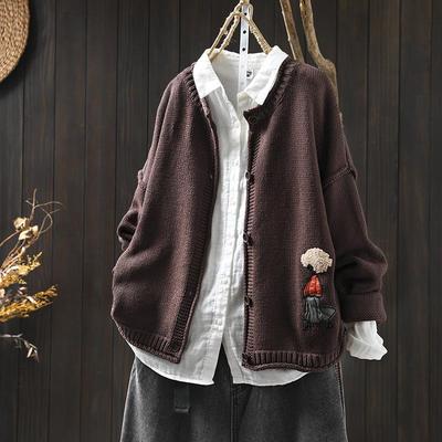 贴布棉线针织衫宽松单排扣圆领