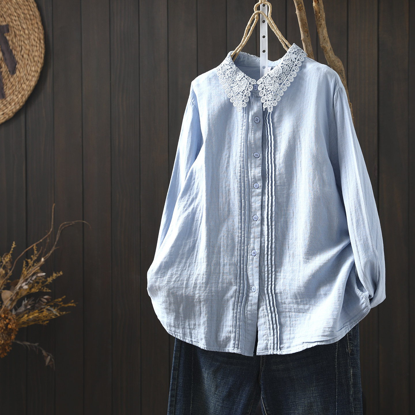 蓝色衬衫女2026新款春季双层棉纱风琴蕾丝领宽松气质法式休闲衬衣
