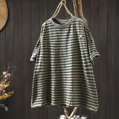 纯棉条纹短袖t恤女小个宽松大码2026新款夏复古休闲百搭套头上衣