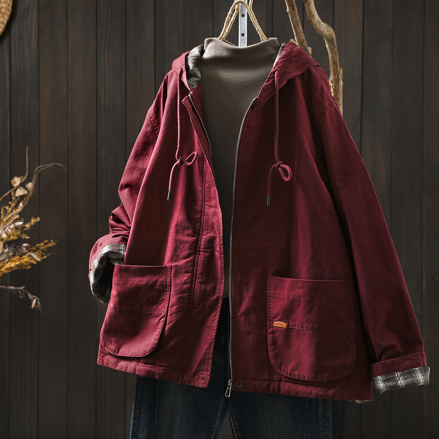 连帽外套女2025新款爆款秋冬夹棉薄款双口袋复古宽松休闲百搭上衣