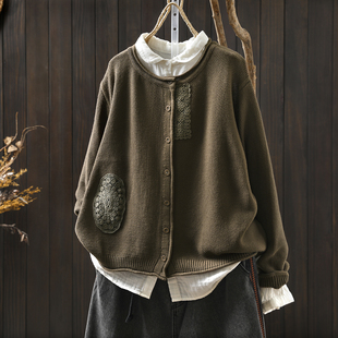 开衫 秋复古纯色蕾丝卷边设计感纯色百搭长袖 女2025新款 棉线针织衫