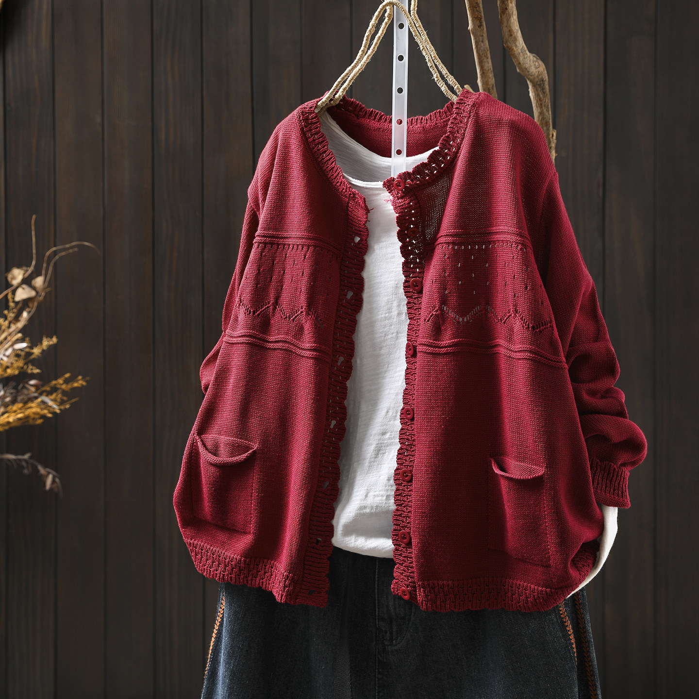 秋季棉线开衫外套2025新款女红色花边双口袋文艺休闲减龄外穿上衣,女装/女士精品,毛针织衫,淘宝优惠券,粉丝福利购,淘宝优惠卷