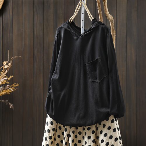 打底衫女春内搭可外穿2026新款黑色休闲慵懒连帽口袋小众百搭r恤