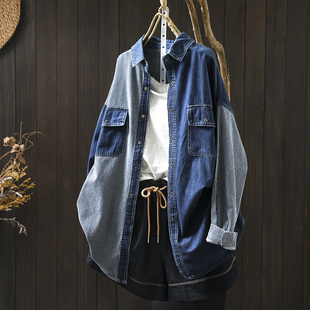 女款2026年新款春装衬衫巨好看洋气独特设计感条纹拼接牛仔上衣