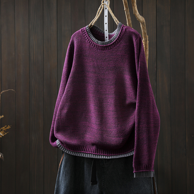 毛衣女秋冬高级感2025新款假两件拼接感紫色棉线针织内搭宽松上衣