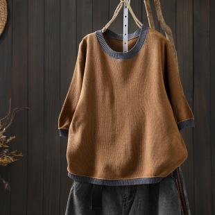 棉线撞色圆领小个子宽松单穿套头中袖 夏季 t恤 女2026新款 针织短袖