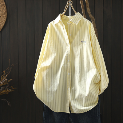 新款女士衬衫春季2026黄色纯棉条纹设计感刺绣遮肉慵懒风长袖衬衣