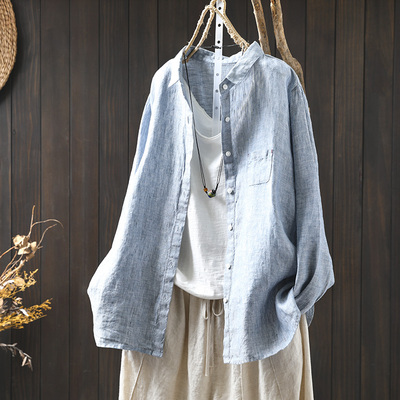 软老钱风亚麻衬衫女士长袖2026秋季新款复古高级轻奢蓝色棉麻上衣