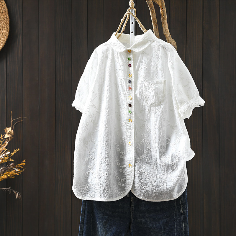 彩色纽扣纯棉白色短袖衬衫女夏外穿小个子2026新款设计感薄款上衣