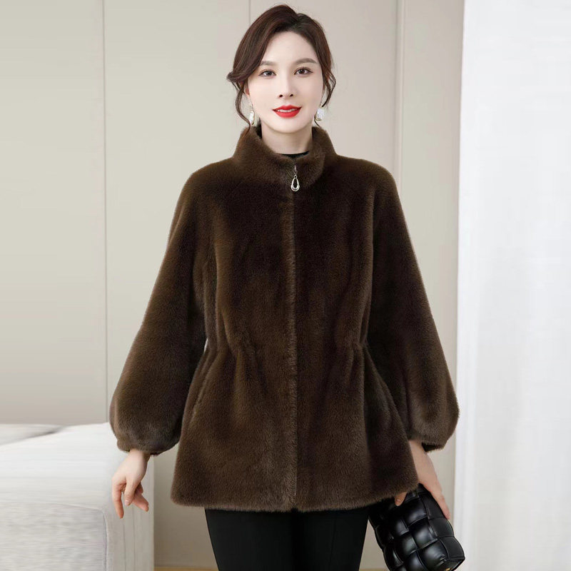 海宁新款进口北极貂立领皮草外套中老年妈妈装皮毛一体貂绒大衣