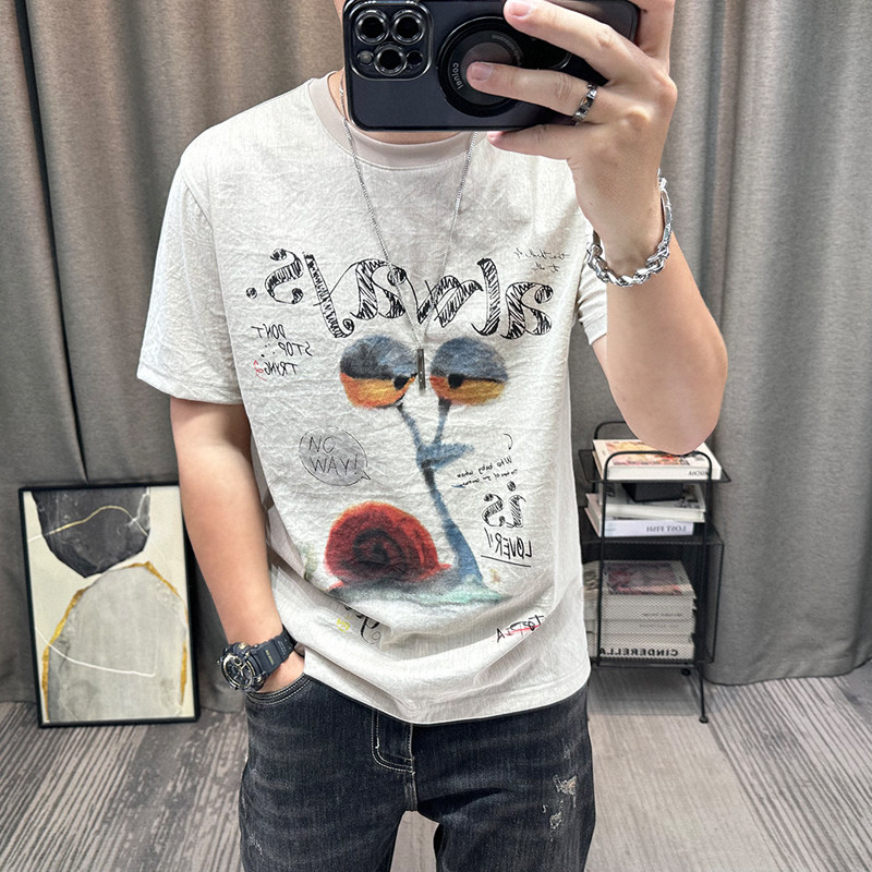棉麻短袖t恤衫男士2026夏季新款高端男装圆领卡通印花修身体恤衫