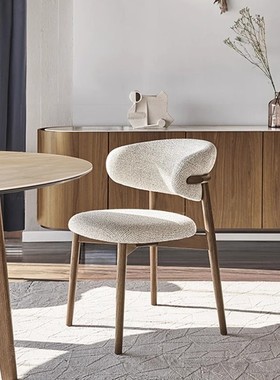 实木餐椅北欧家用轻奢高级感简约靠背椅子胡桃色白色麻面布艺餐椅