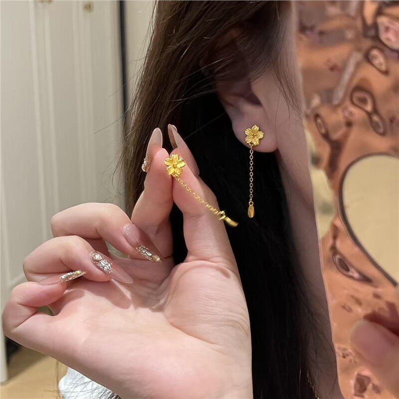 新中式超闪樱花流苏耳钉花月佳期秀禾耳环女结婚新娘仿三金耳饰品