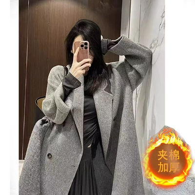 毛呢大衣女秋冬夹棉中长款过膝双排扣西装领风衣宽松显瘦外套学生