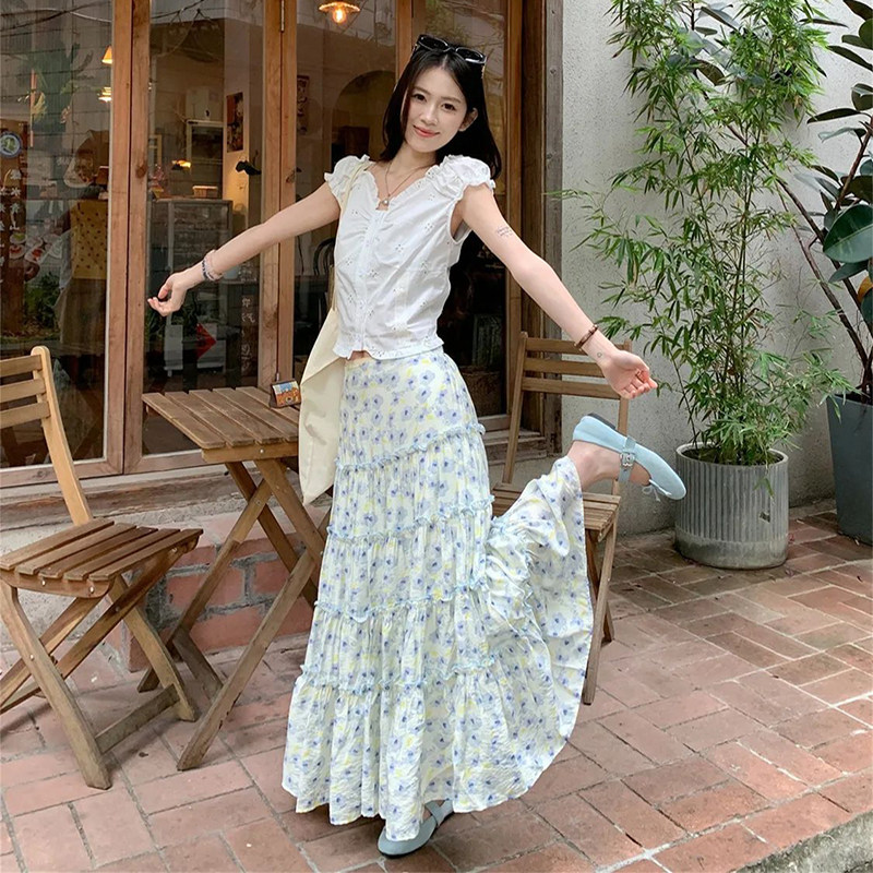 雪纺半身裙女夏季中长款高腰碎花裙A字裙子大摆长裙蛋糕裙小清新