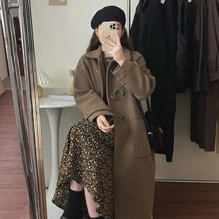 牛角扣毛呢大衣女中长款加厚过膝宽松显瘦外套学生复古风衣秋冬季