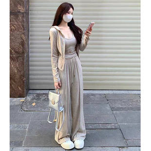 休闲套装女春秋款阔腿裤吊带背心三件套显瘦小个子时尚连帽运动服
