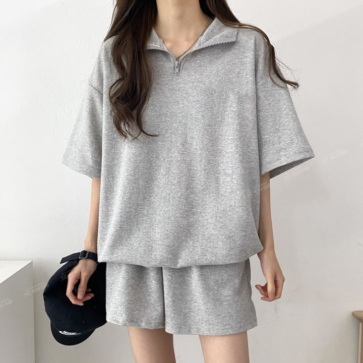 学生夏季运动服套装女宽松港风chic短袖短裤polo衫简约两件套纯色