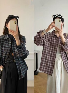 设计美式复古紫色格子长袖衬衫2025秋季新款宽松休闲衬衣外套上衣